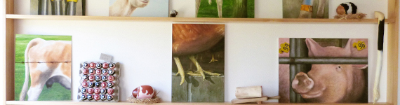 Bauernladen, 2013, Wandinstallation (Aquarelle/Holzskulpturen), 200 x 300 cm