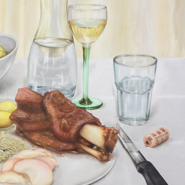 Dinner for One on the last day...of a pig, 2018, Aquarell, 105 x 126 cm